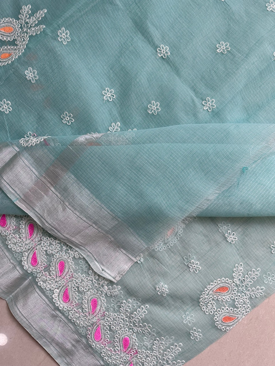 Embroidered Kota Cotton Doria Saree