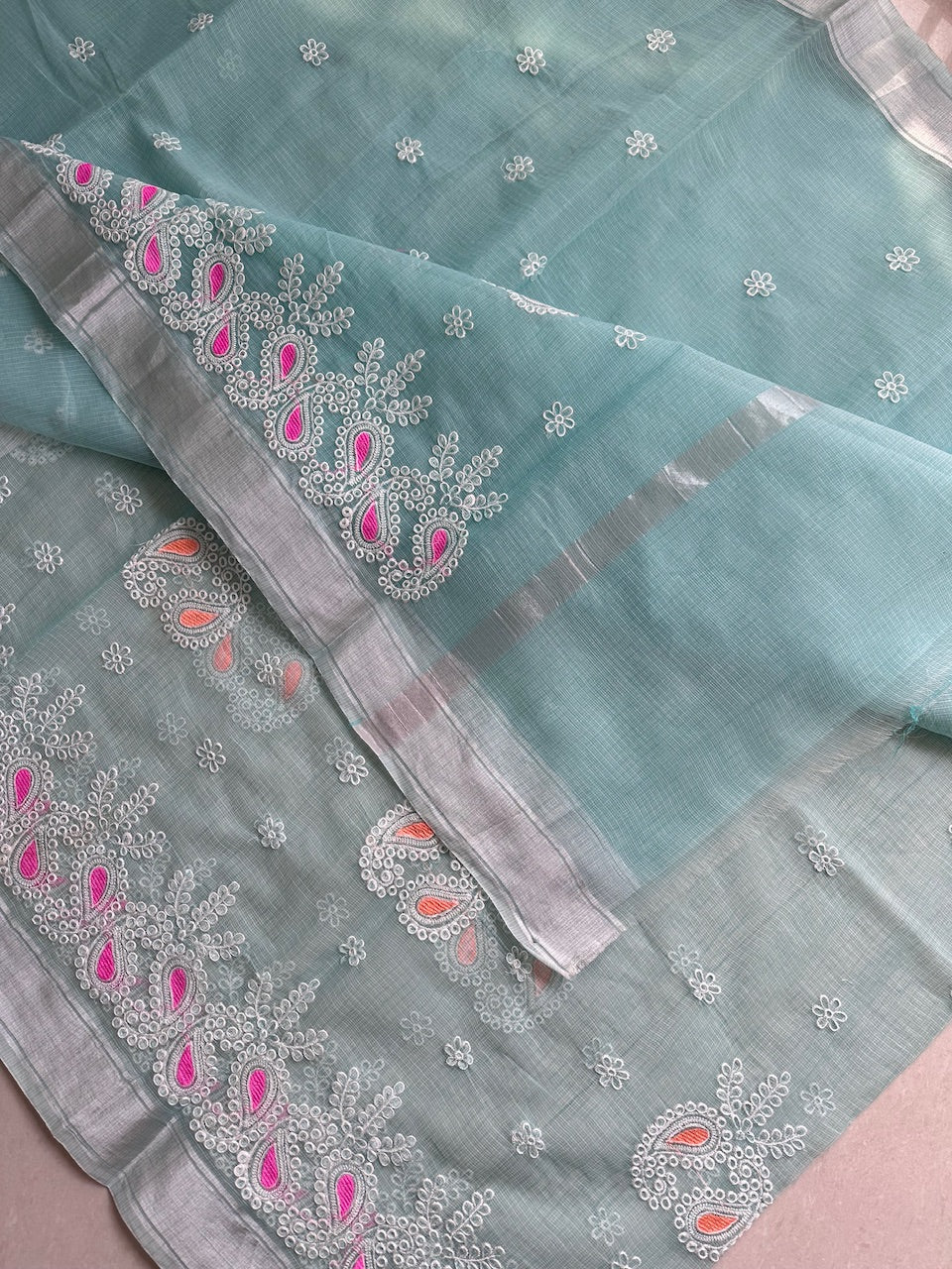 Embroidered Kota Cotton Doria Saree