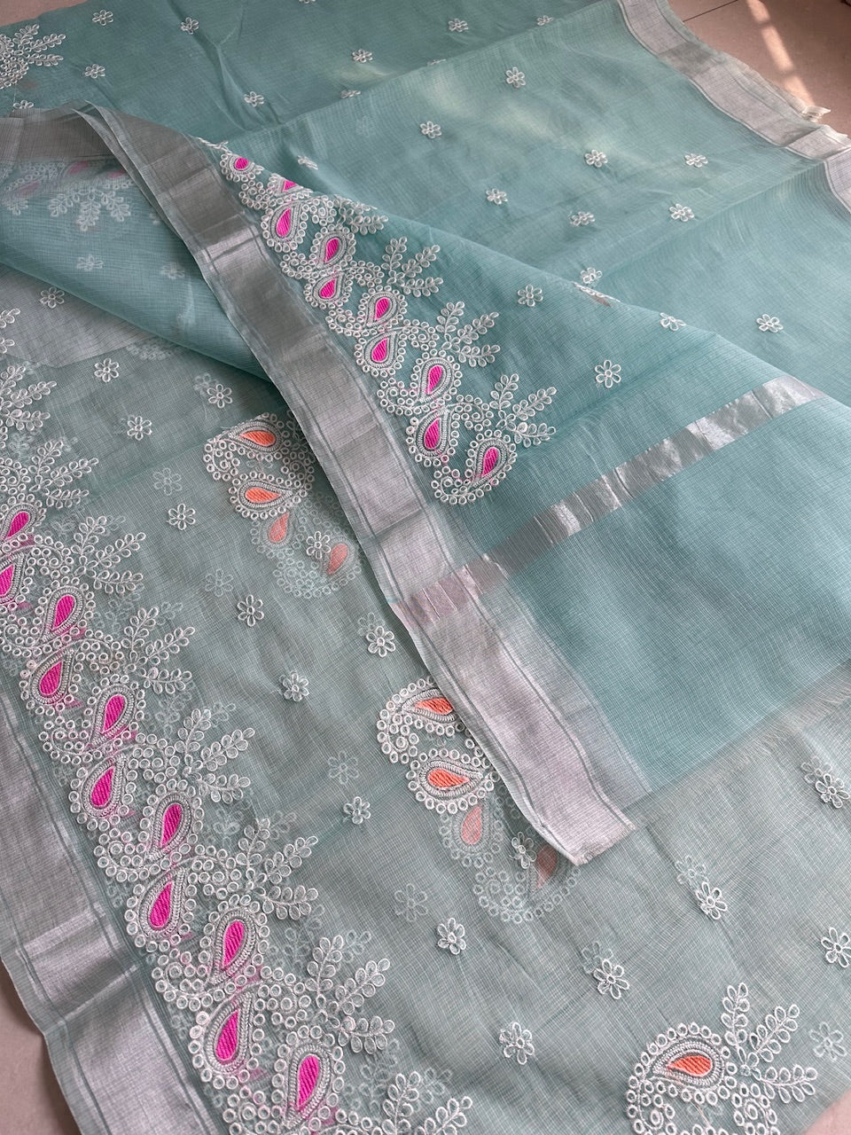 Embroidered Kota Cotton Doria Saree