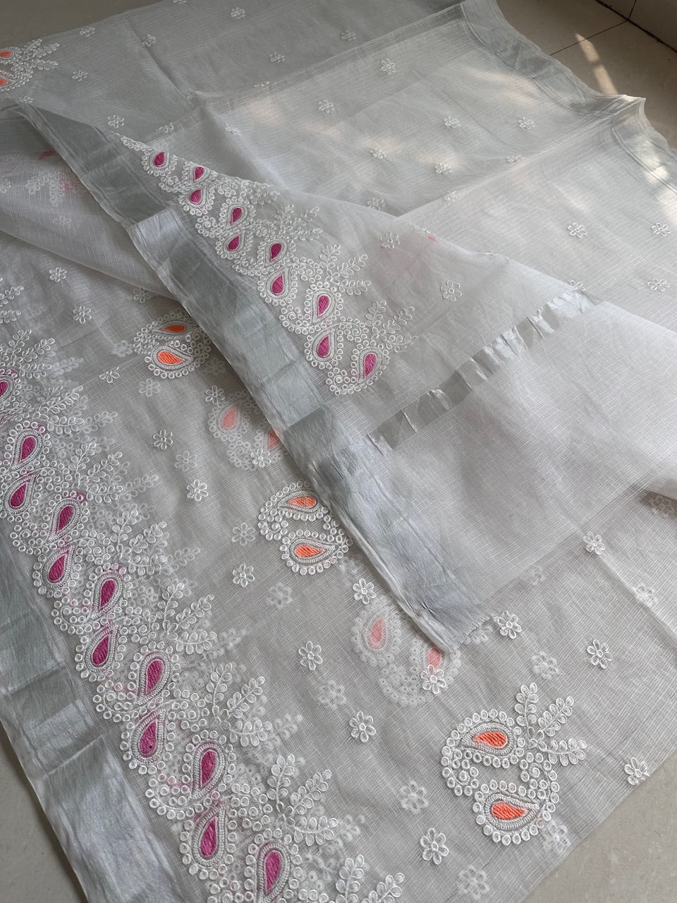 Embroidered Kota Cotton Doria Saree