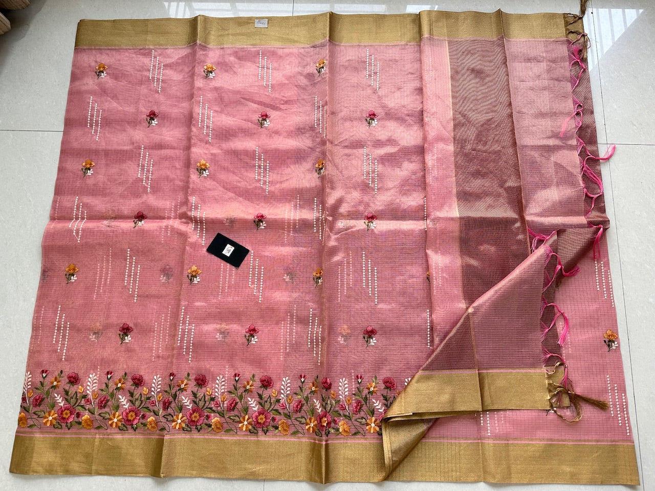 Embroidered Kota Cotton Doria Tissue Saree