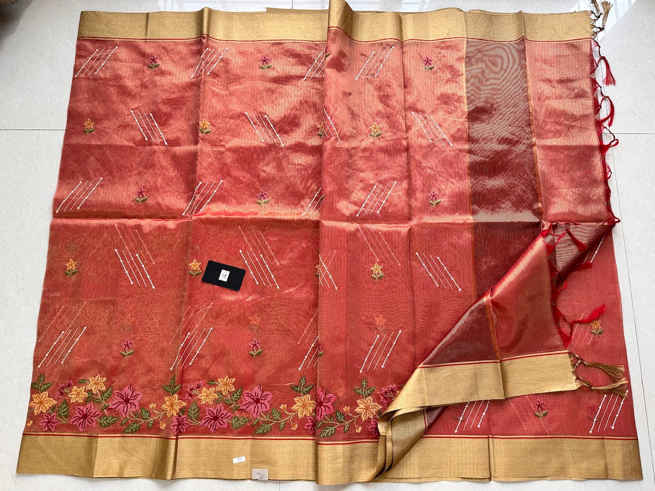 Embroidered Kota Cotton Doria Tissue Saree