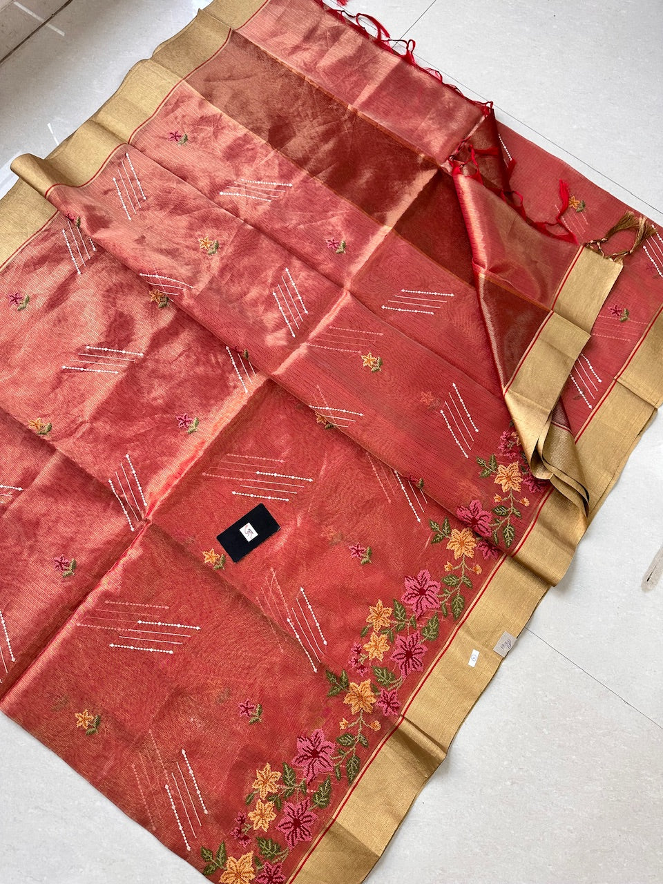 Embroidered Kota Cotton Doria Tissue Saree