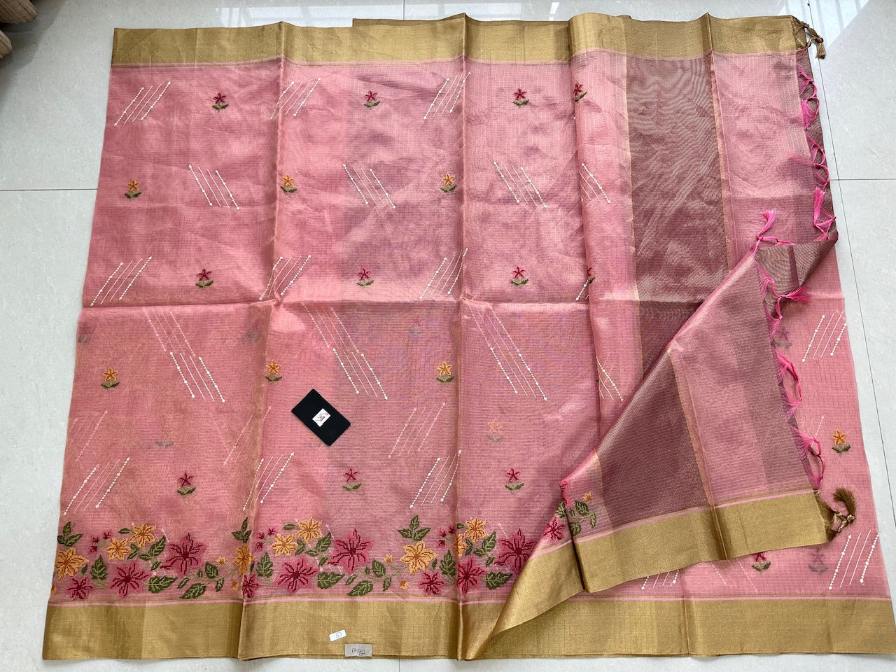 Embroidered Kota Cotton Doria Tissue Saree