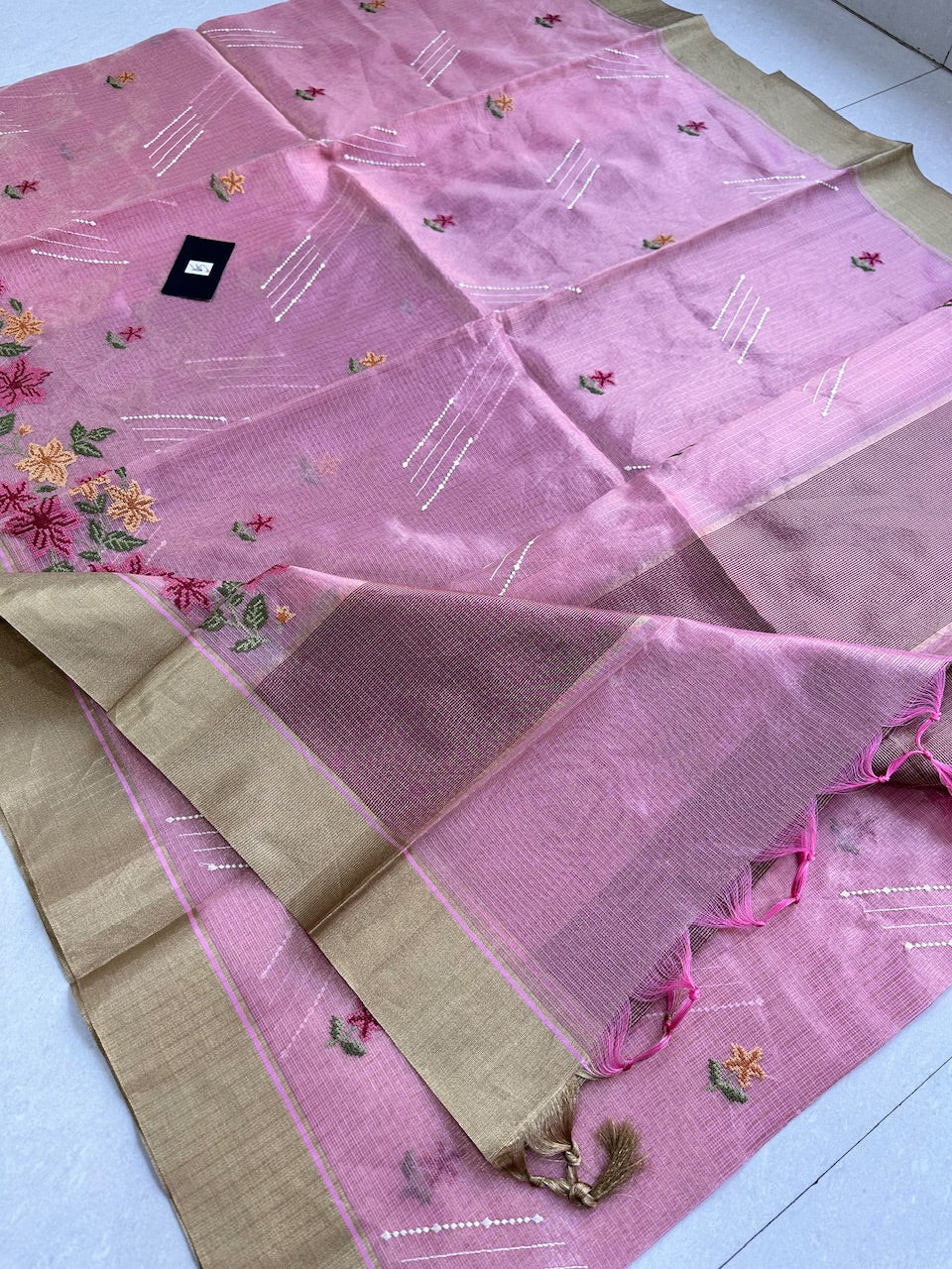 Embroidered Kota Cotton Doria Tissue Saree