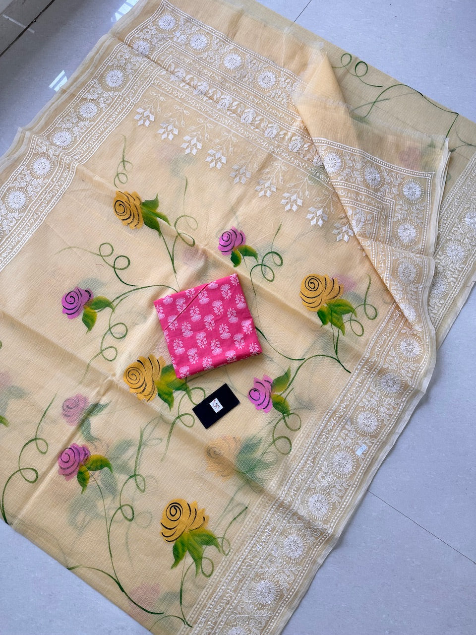 Embroidered Handpainted Kota Cotton Doria Saree