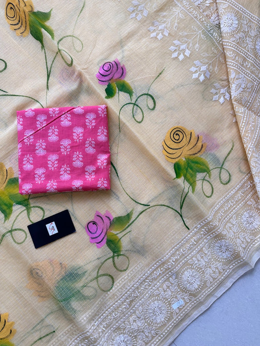 Embroidered Handpainted Kota Cotton Doria Saree