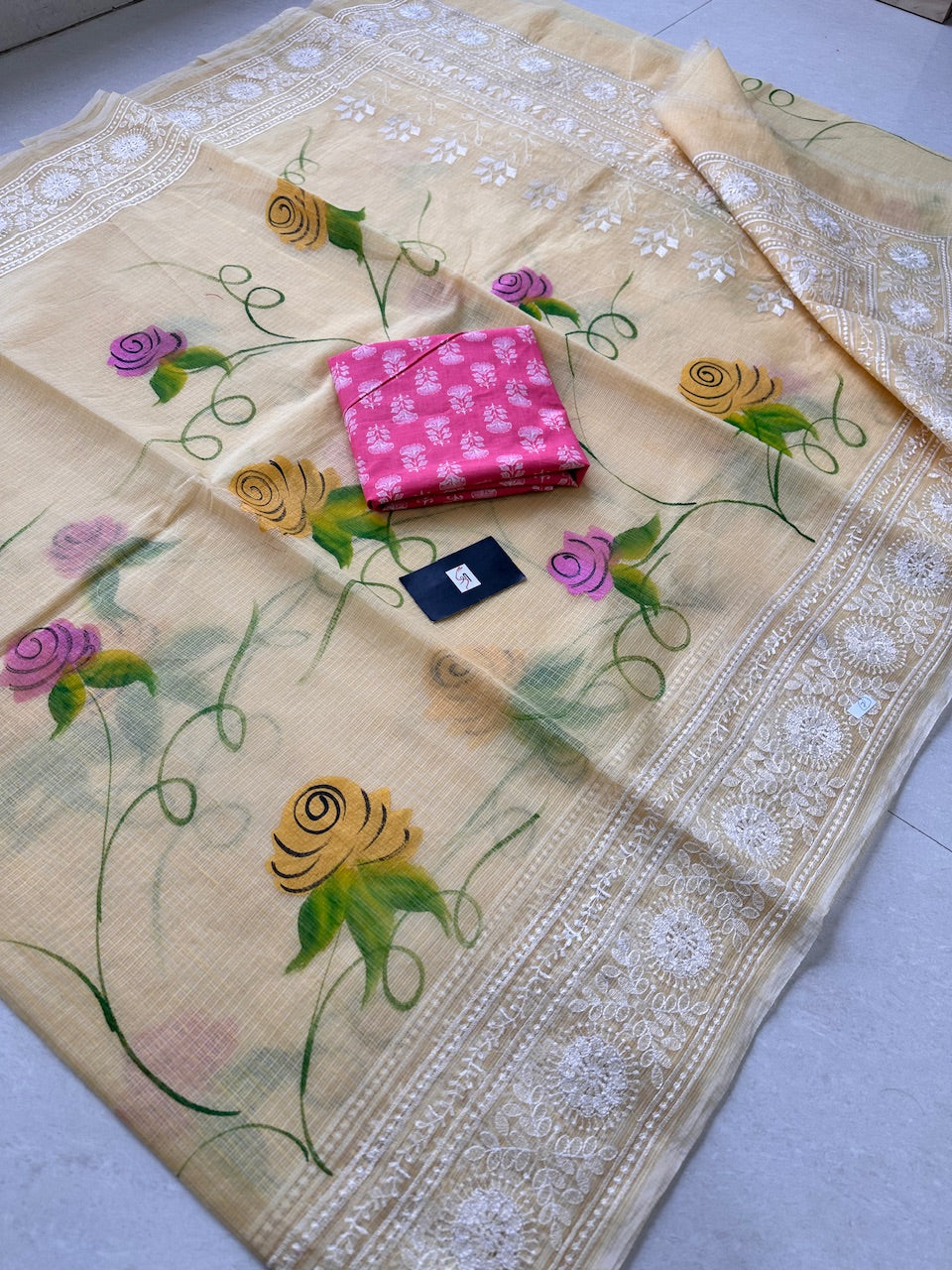 Embroidered Handpainted Kota Cotton Doria Saree