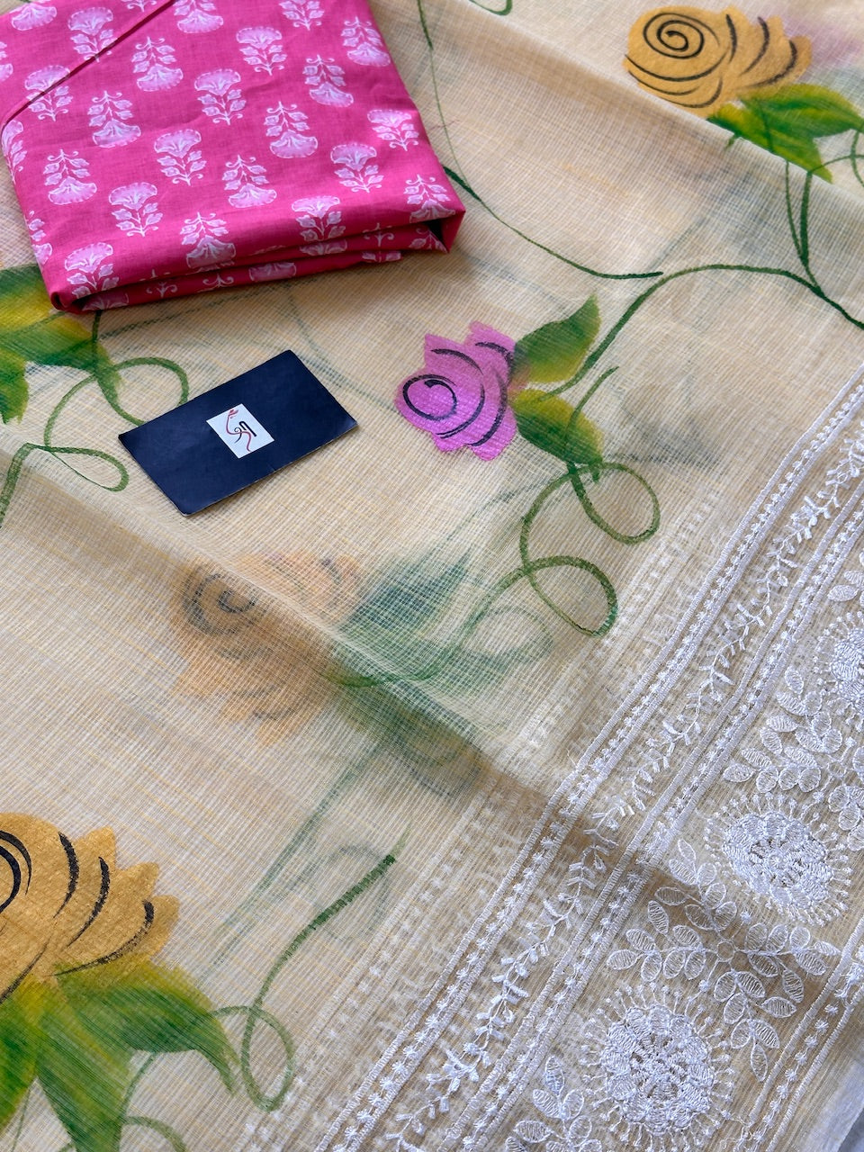 Embroidered Handpainted Kota Cotton Doria Saree