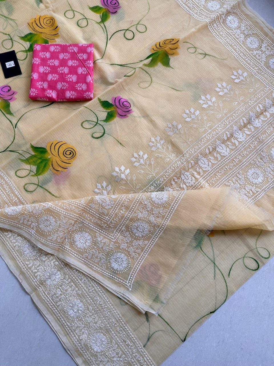 Embroidered Handpainted Kota Cotton Doria Saree