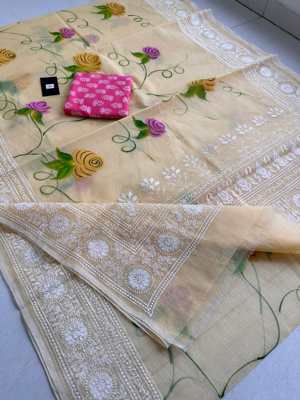 Embroidered Handpainted Kota Cotton Doria Saree