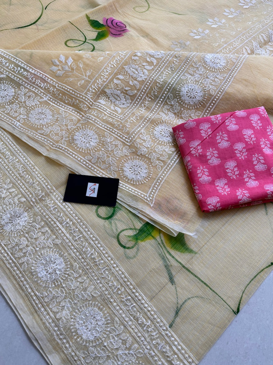 Embroidered Handpainted Kota Cotton Doria Saree