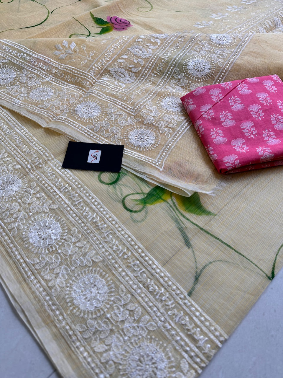 Embroidered Handpainted Kota Cotton Doria Saree