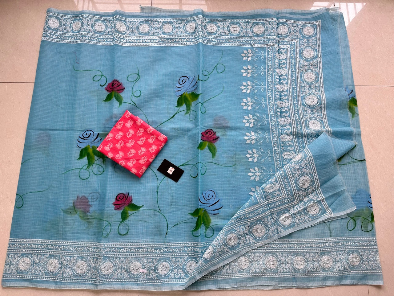 Embroidered Handpainted Kota Cotton Doria Saree