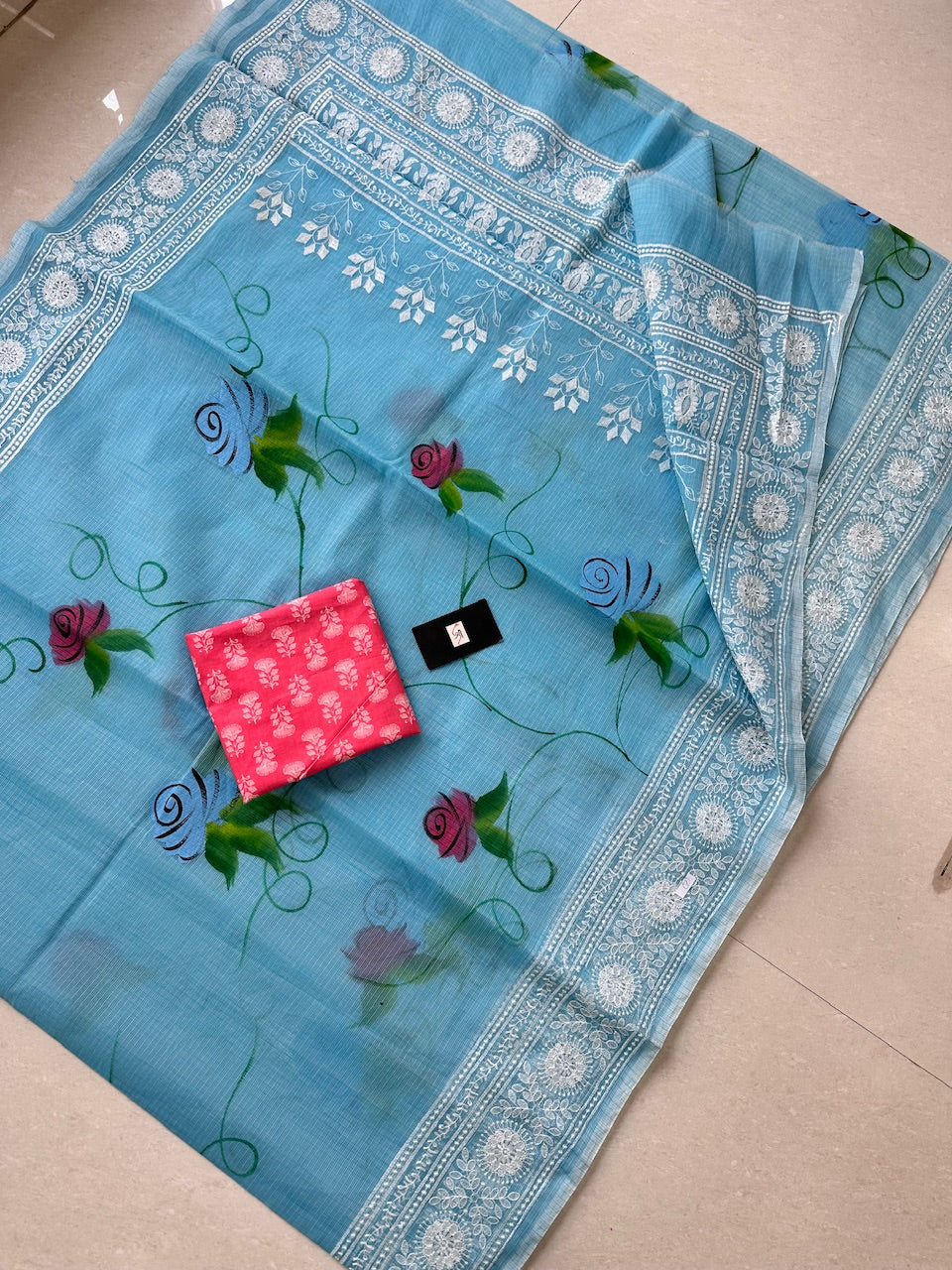 Embroidered Handpainted Kota Cotton Doria Saree