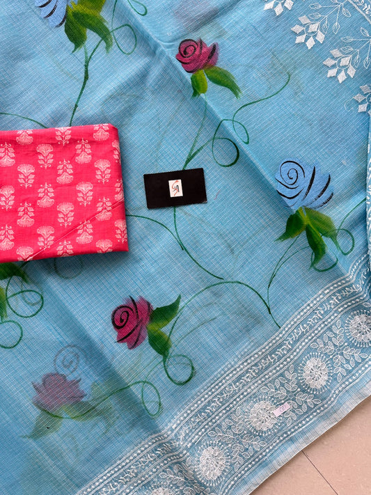 Embroidered Handpainted Kota Cotton Doria Saree