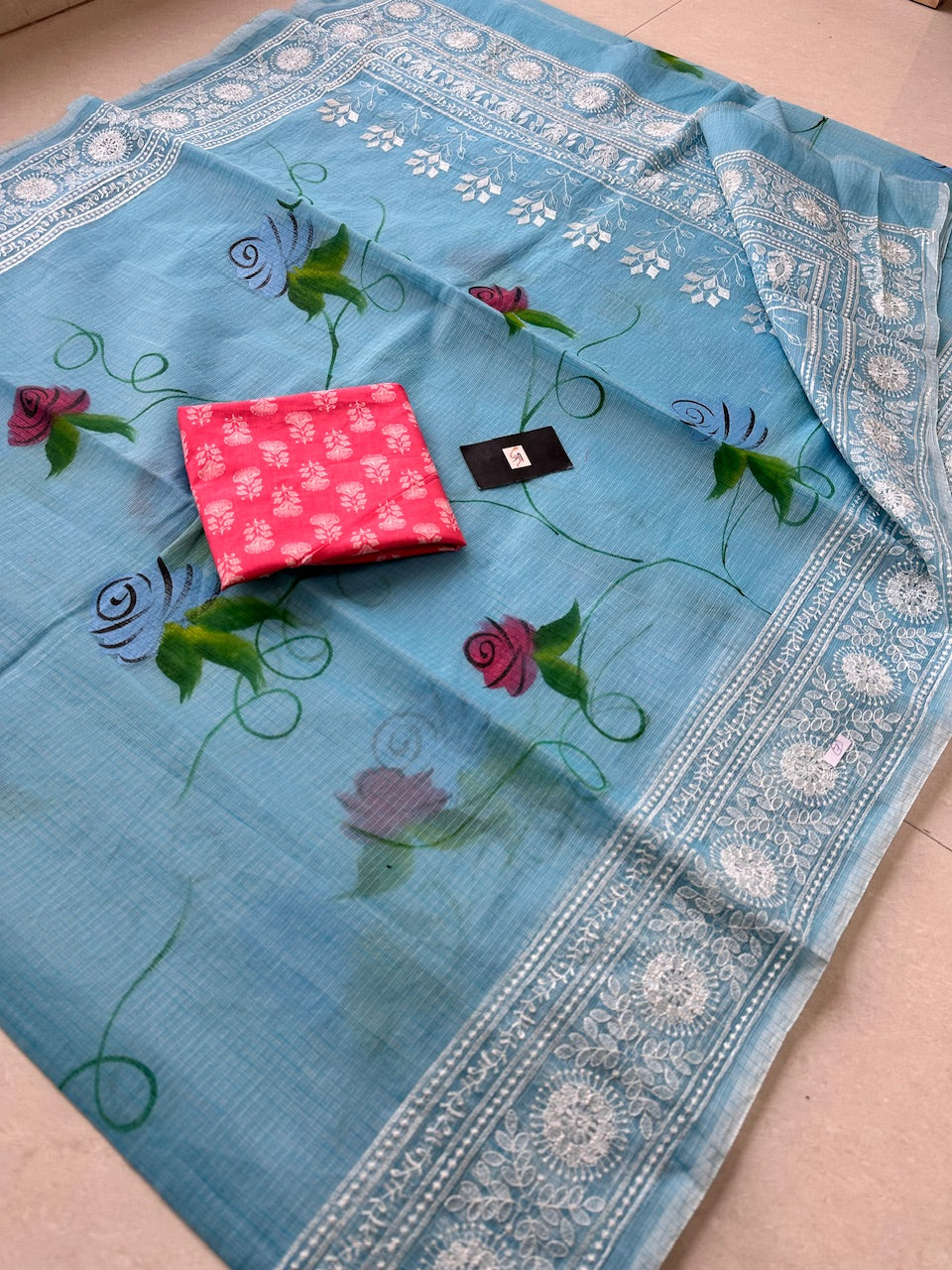 Embroidered Handpainted Kota Cotton Doria Saree