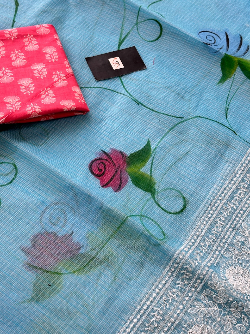 Embroidered Handpainted Kota Cotton Doria Saree