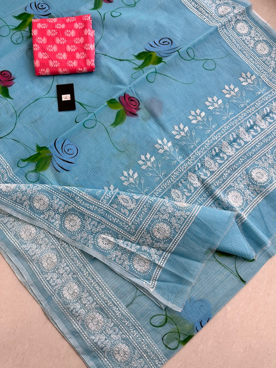 Embroidered Handpainted Kota Cotton Doria Saree