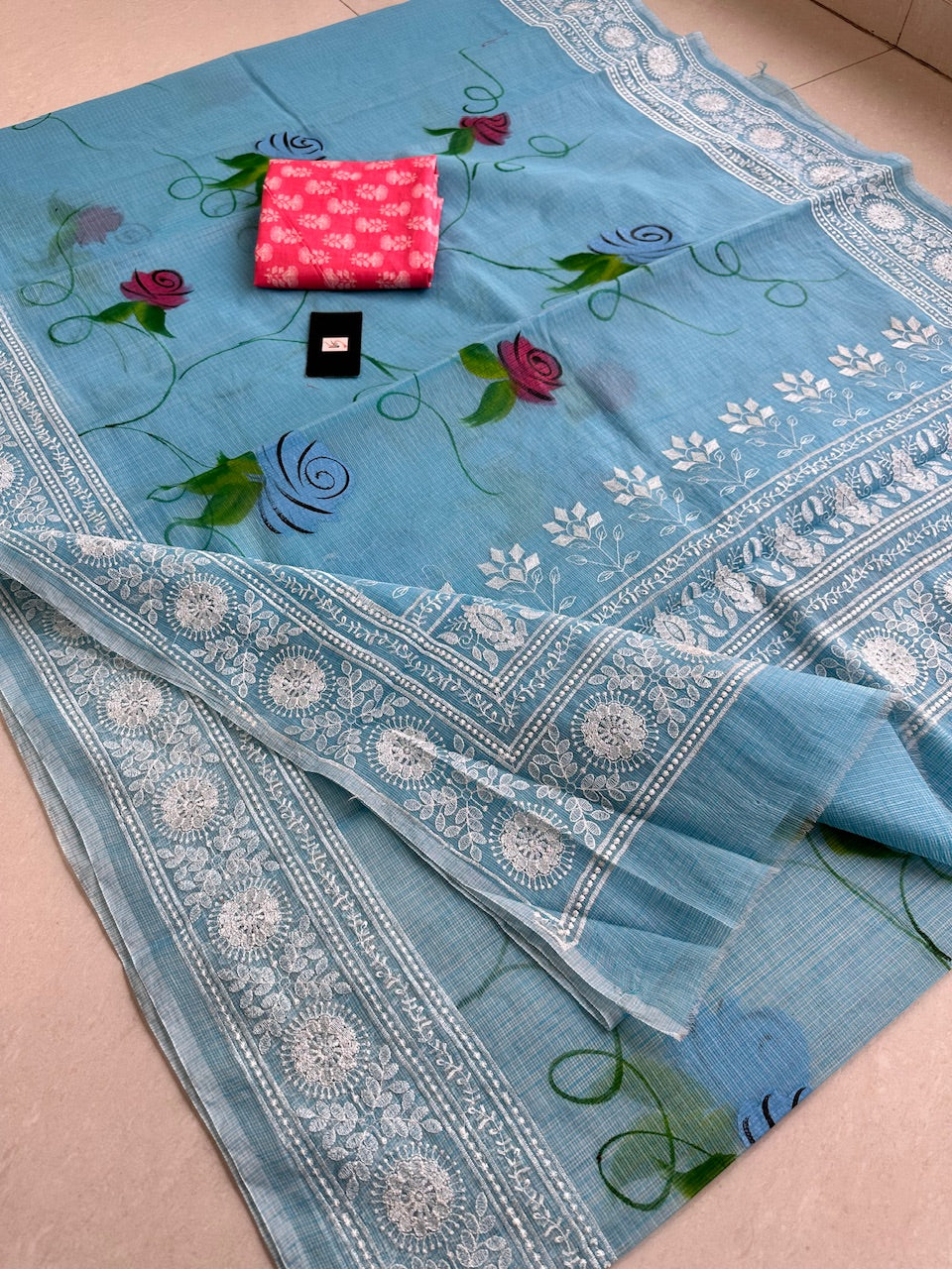 Embroidered Handpainted Kota Cotton Doria Saree