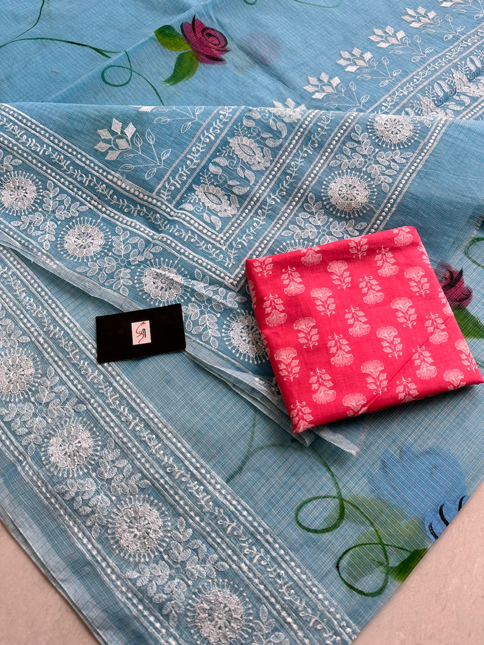 Embroidered Handpainted Kota Cotton Doria Saree