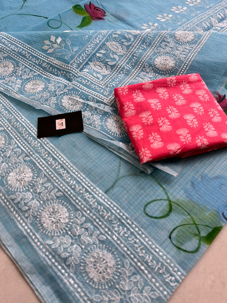 Embroidered Handpainted Kota Cotton Doria Saree