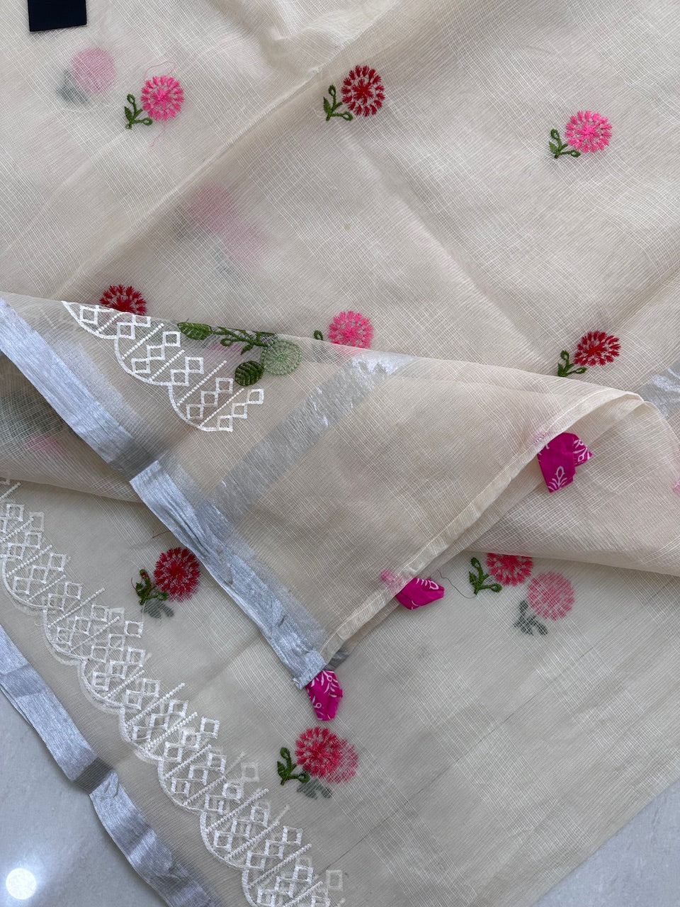 Embroidered Kota Cotton Doria Saree