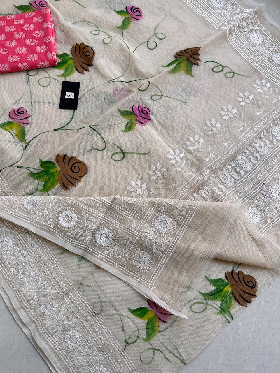 Embroidered Handpainted Kota Cotton Doria Saree