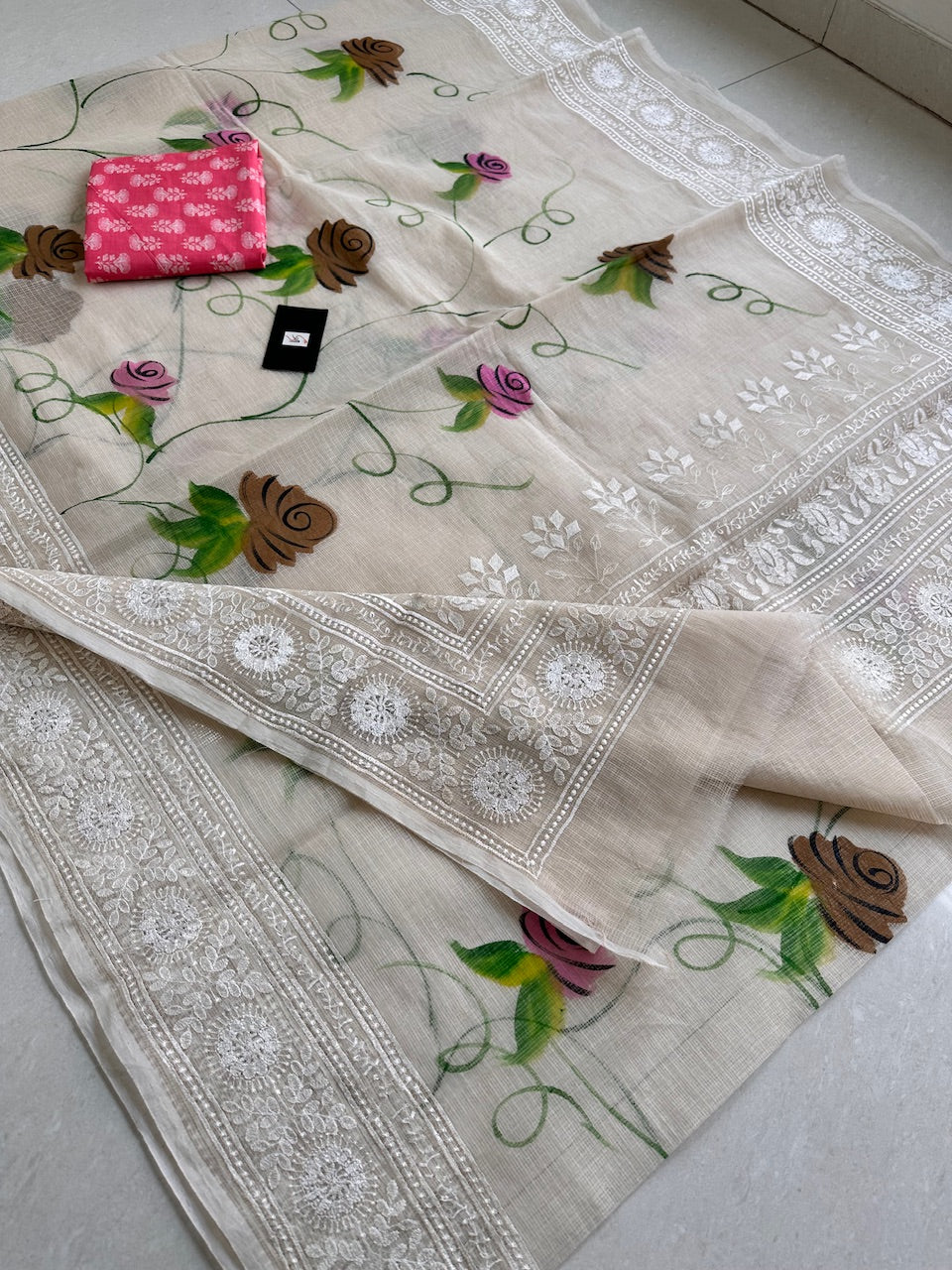 Embroidered Handpainted Kota Cotton Doria Saree