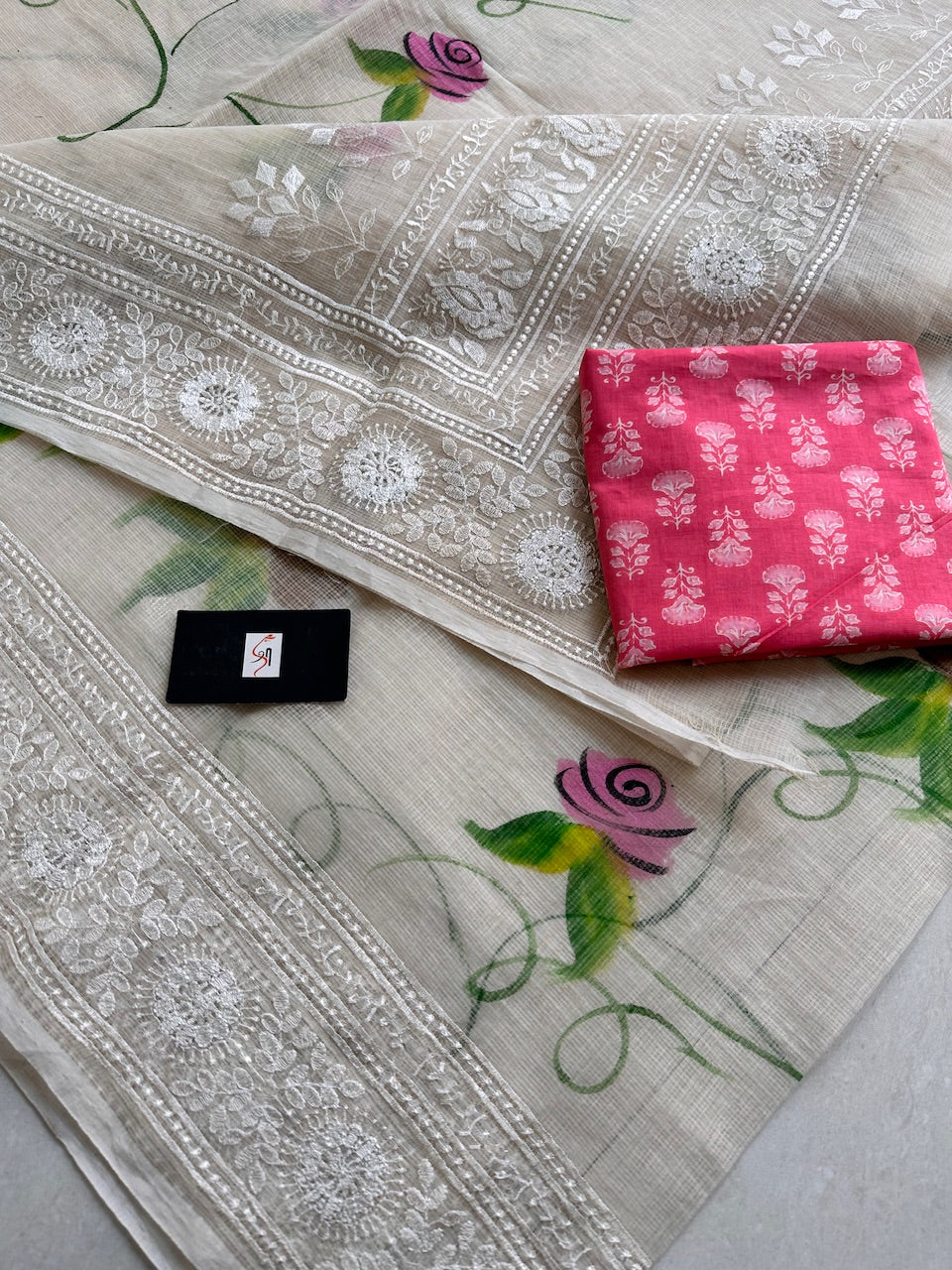 Embroidered Handpainted Kota Cotton Doria Saree