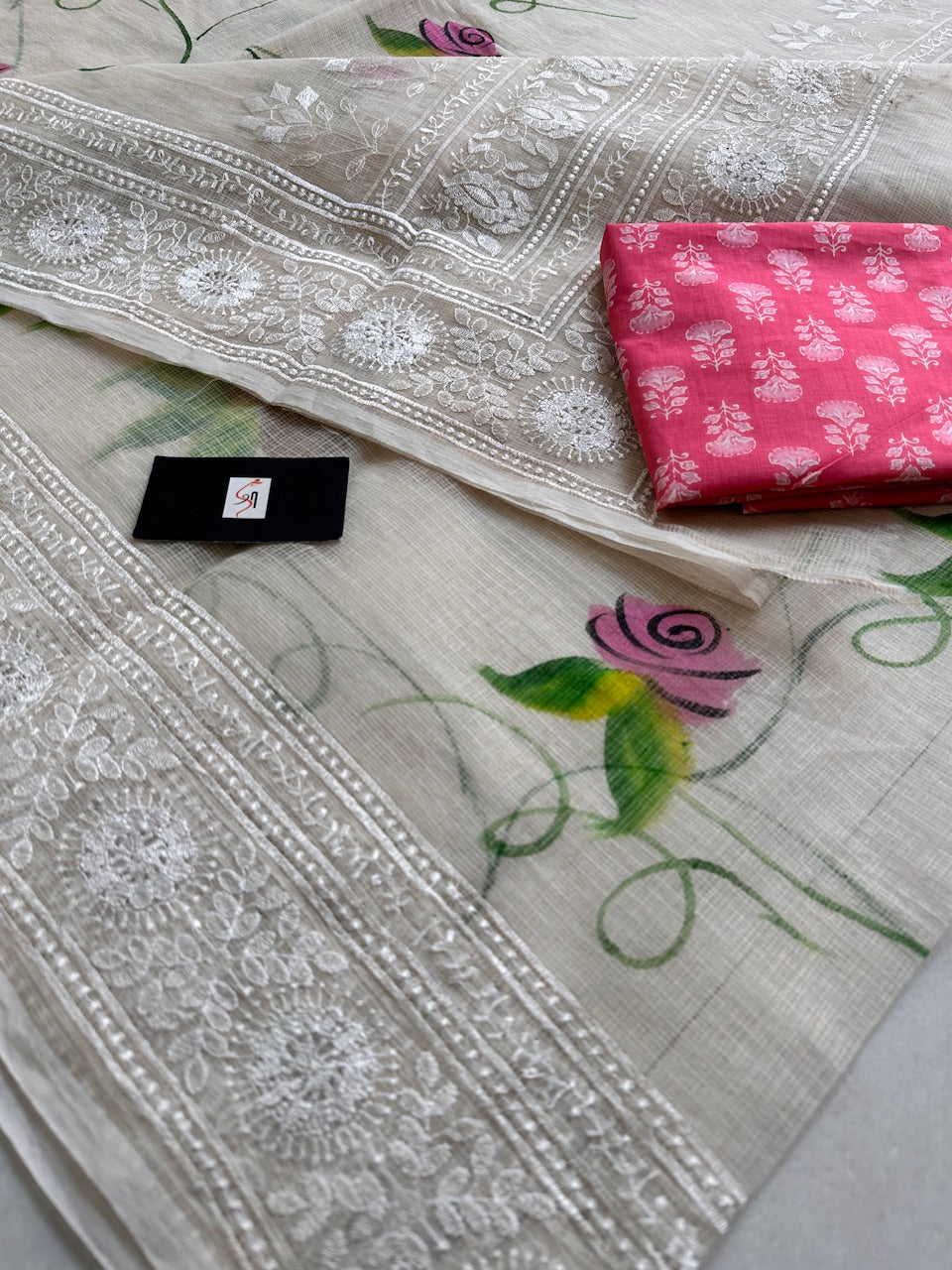 Embroidered Handpainted Kota Cotton Doria Saree