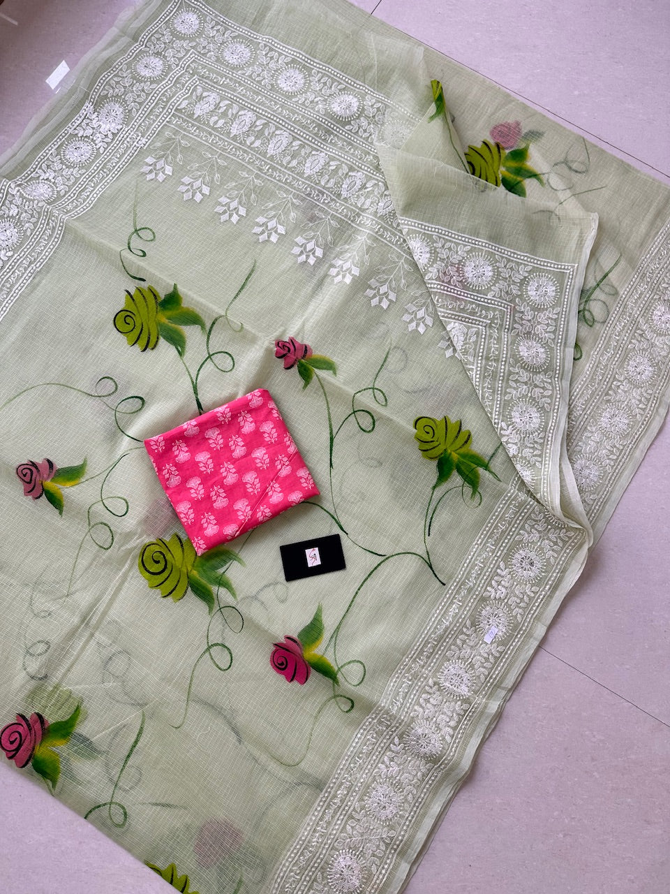 Embroidered Handpainted Kota Cotton Doria Saree