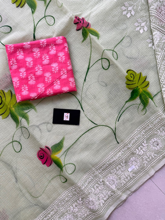 Embroidered Handpainted Kota Cotton Doria Saree