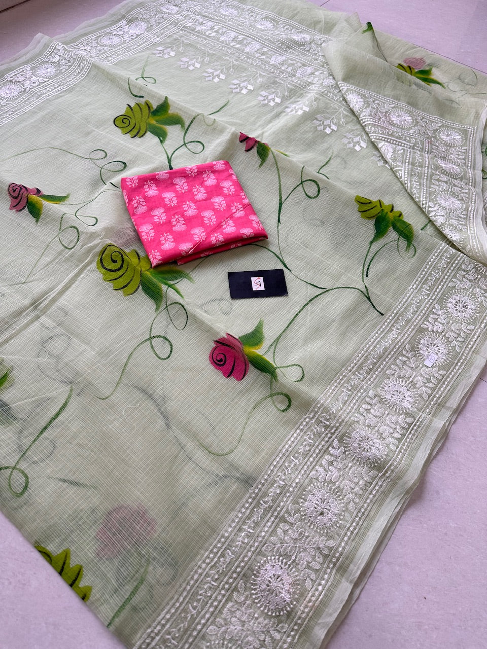 Embroidered Handpainted Kota Cotton Doria Saree