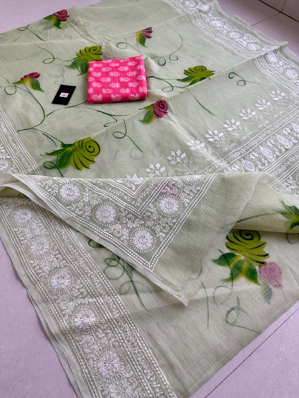 Embroidered Handpainted Kota Cotton Doria Saree