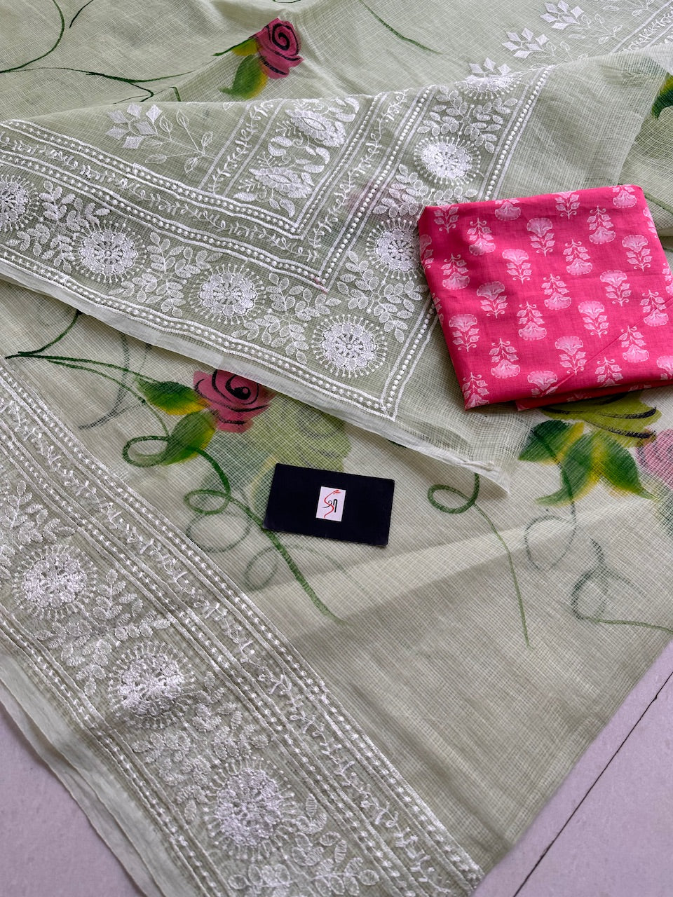 Embroidered Handpainted Kota Cotton Doria Saree