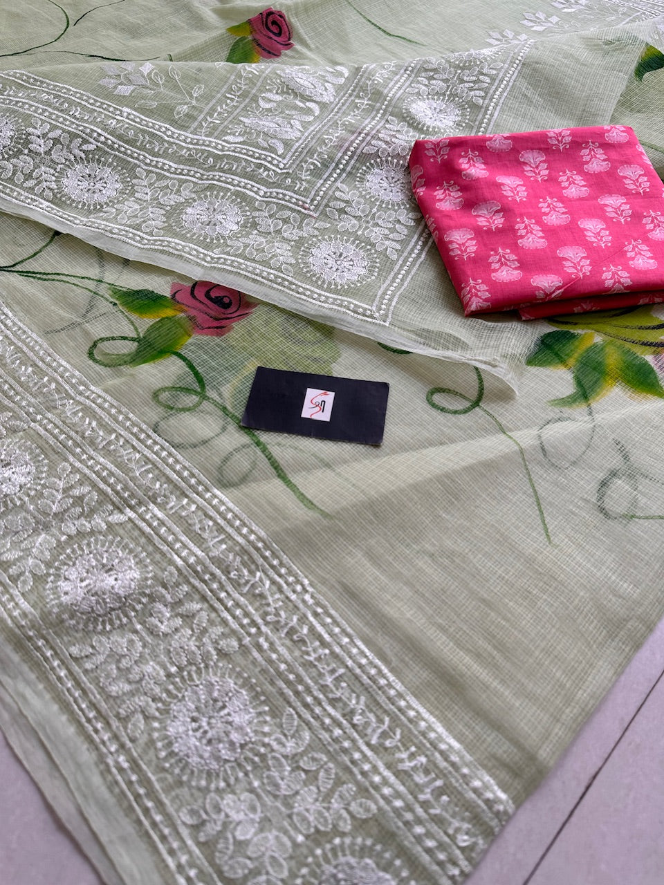 Embroidered Handpainted Kota Cotton Doria Saree