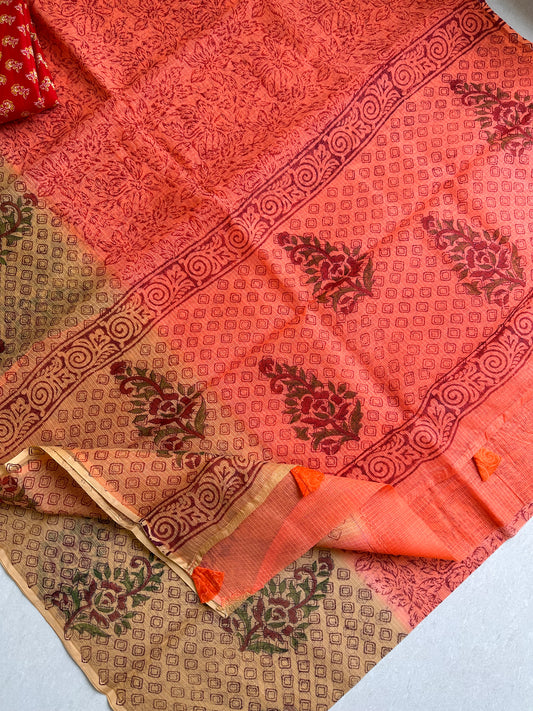 HandBlock Printed Pure Kota Cotton Doria Saree