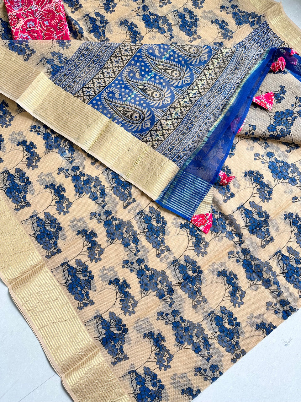 Pure HandBlock Printed Kota Cotton Doria Saree