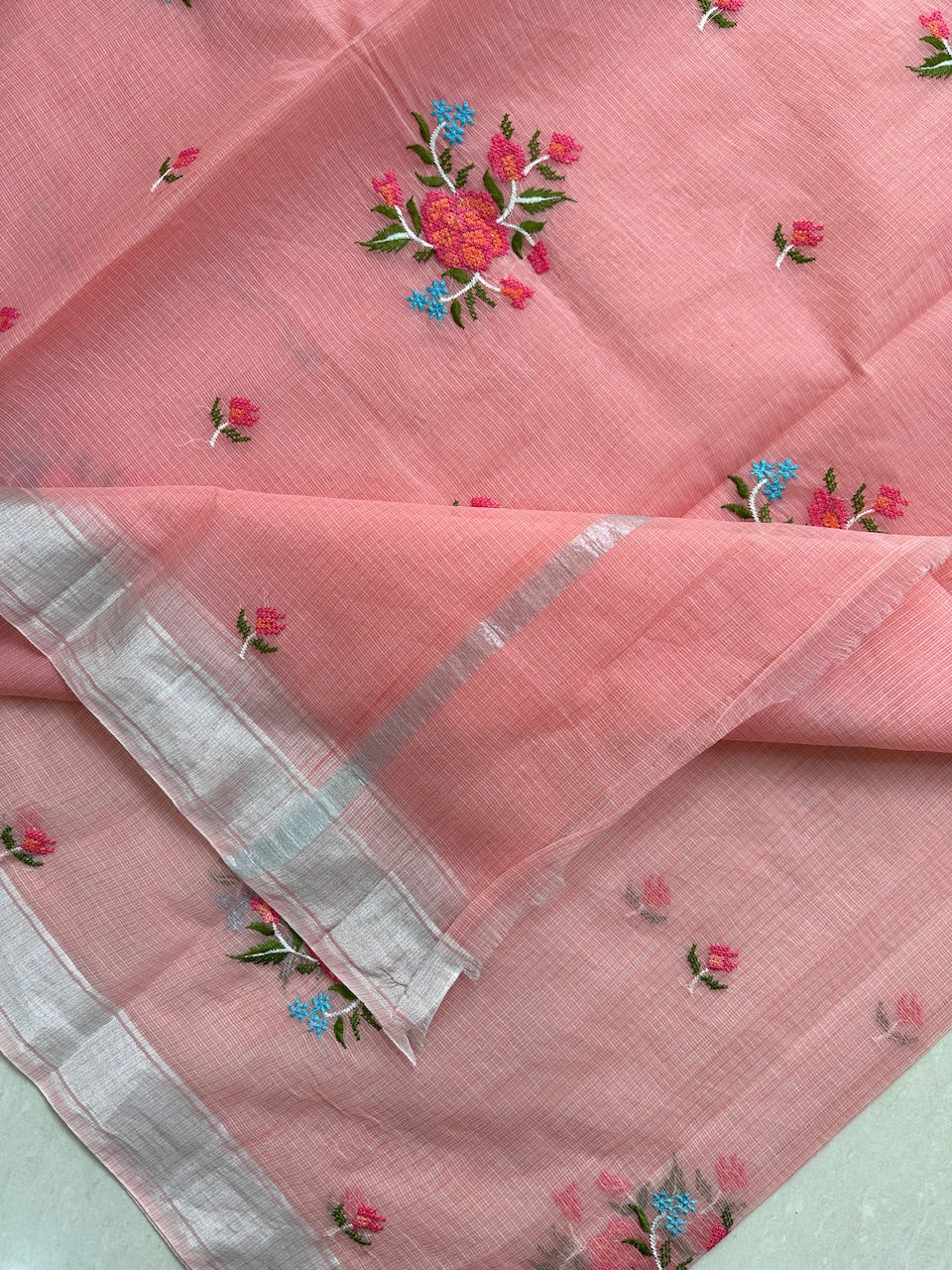 Embroidered Kota Cotton Doria Saree