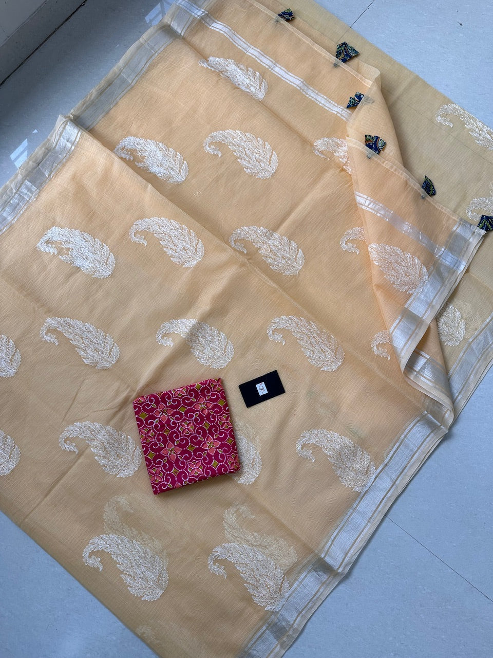 Lucknowi Embroidered Kota Cotton Doria Saree