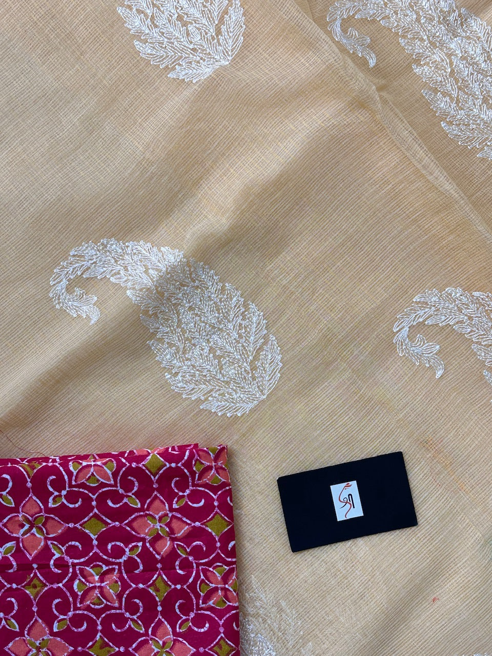 Lucknowi Embroidered Kota Cotton Doria Saree