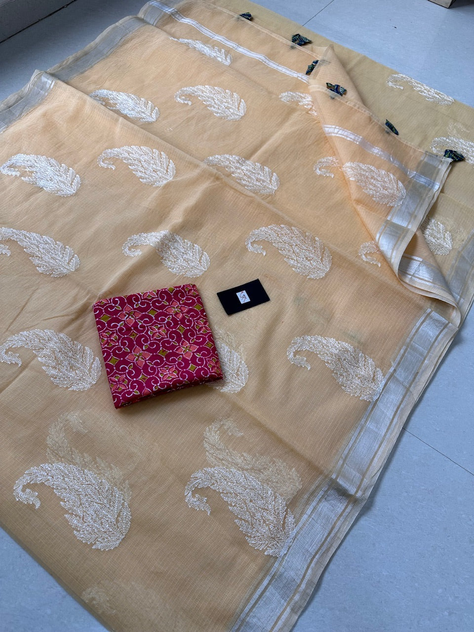 Lucknowi Embroidered Kota Cotton Doria Saree