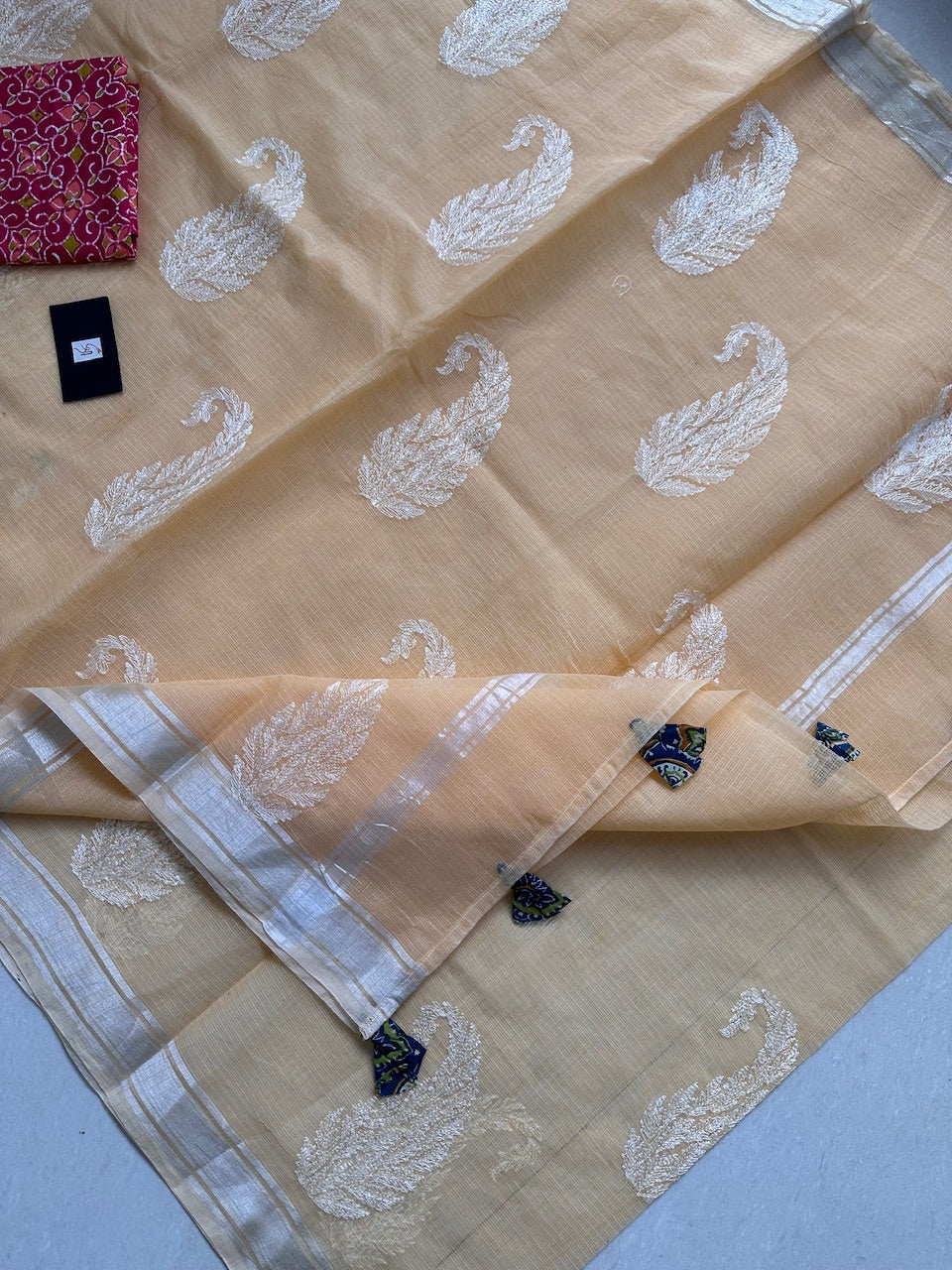 Lucknowi Embroidered Kota Cotton Doria Saree