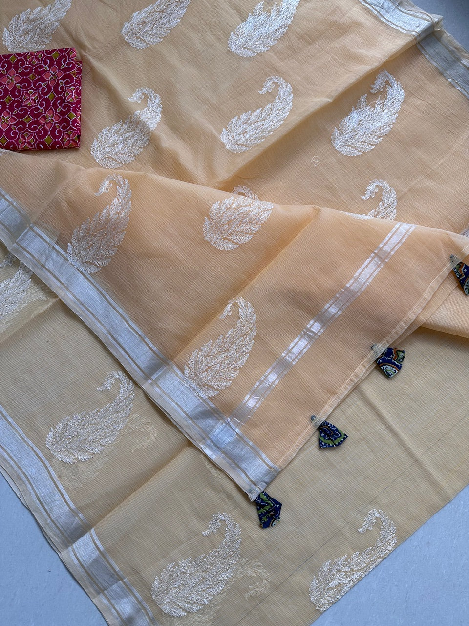 Lucknowi Embroidered Kota Cotton Doria Saree