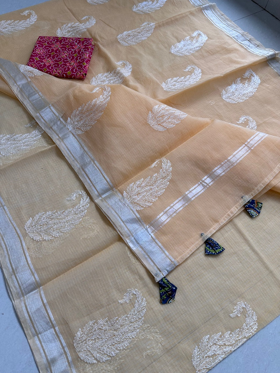 Lucknowi Embroidered Kota Cotton Doria Saree