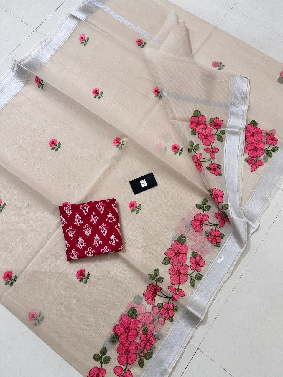 Embroidered Kota Cotton Doria Saree