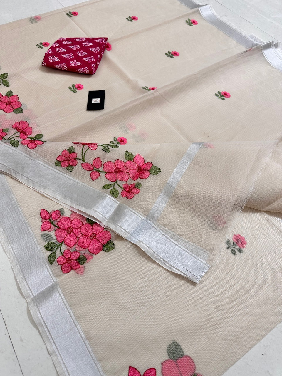 Embroidered Kota Cotton Doria Saree