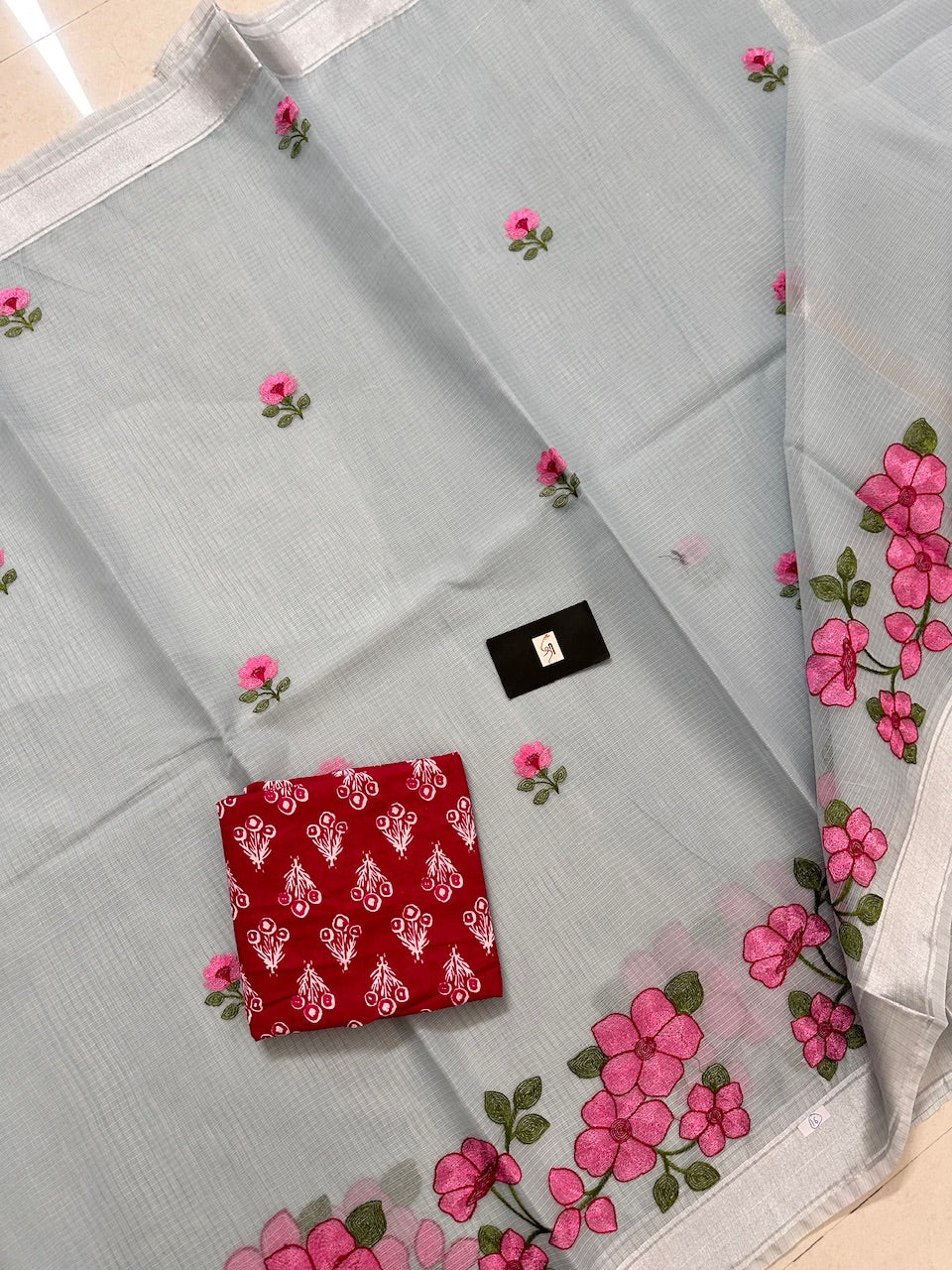 Embroidered Kota Cotton Doria Saree