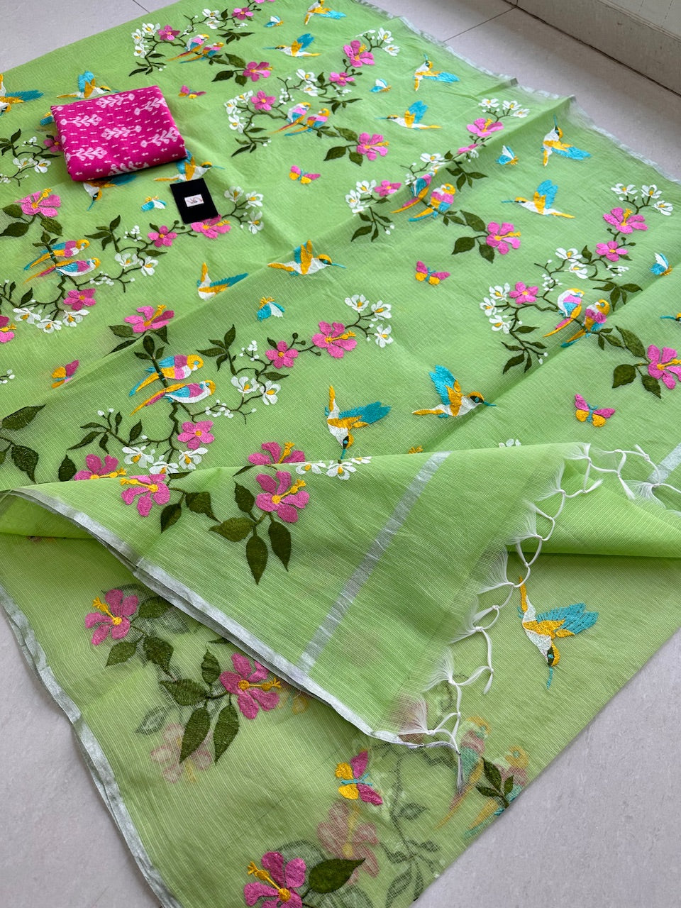 Embroidered Kota Cotton Doria Saree